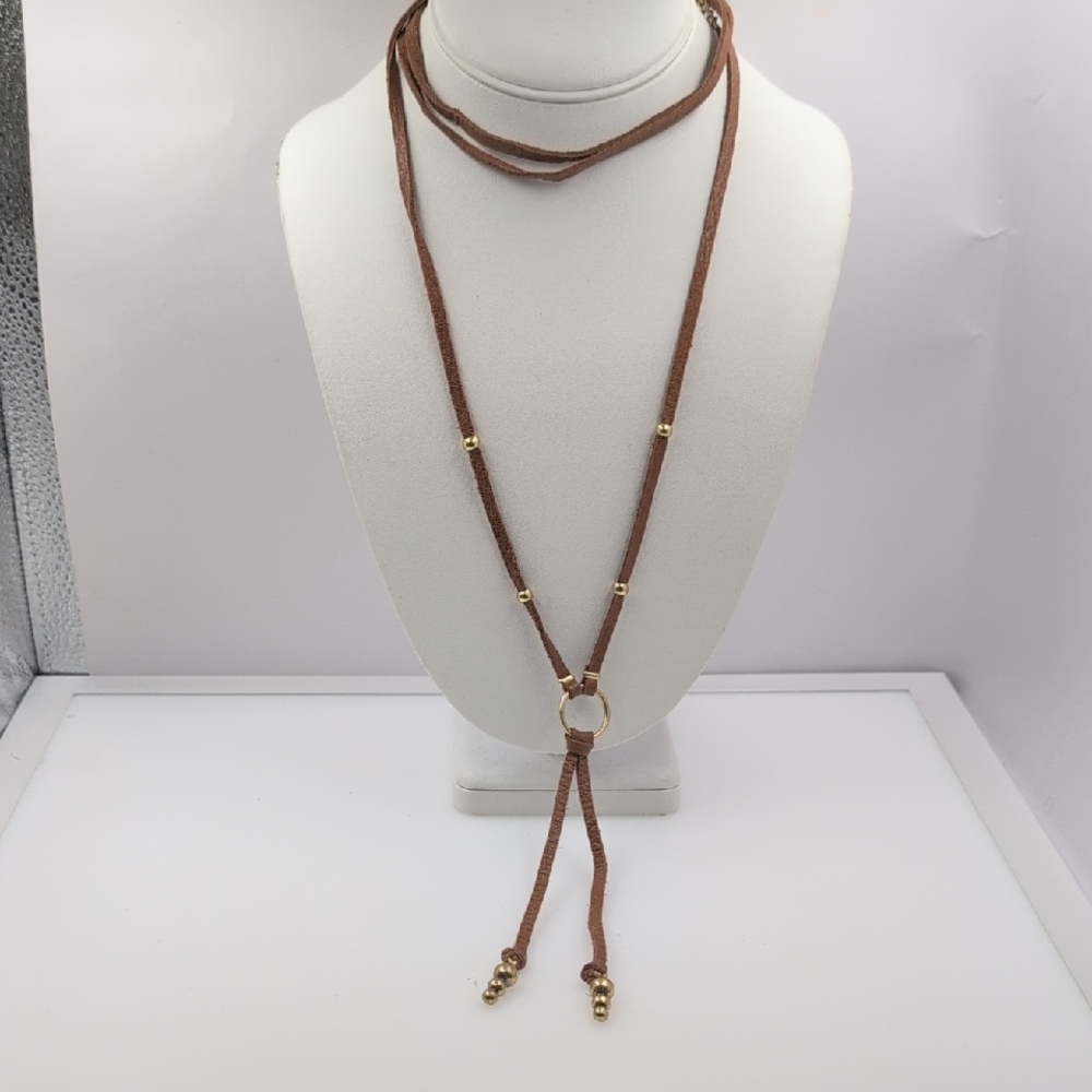 Lucky Brand Brown Suede Lariat Necklace with Gold Accents